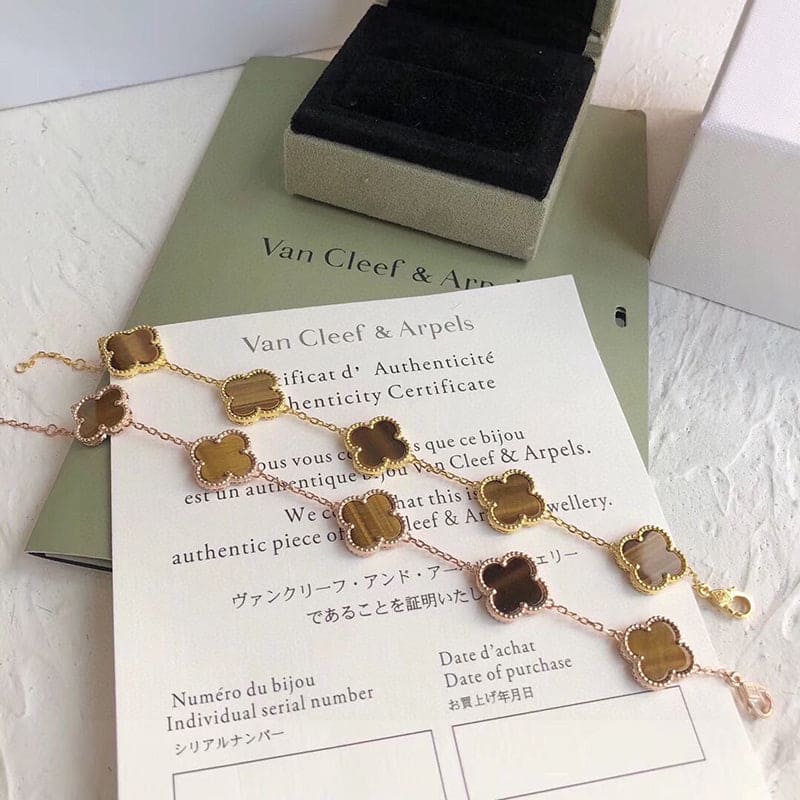 18K Vintage Alhambra Five Motifs Tiger Eye Bracelet