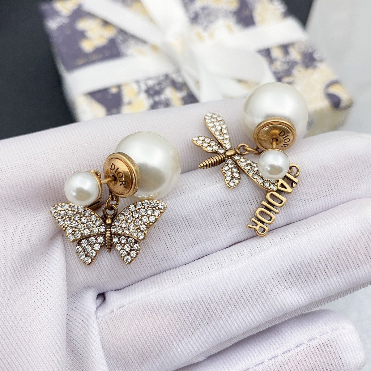 18K CD Dragonfly/ Butterfly Pearl Earrings