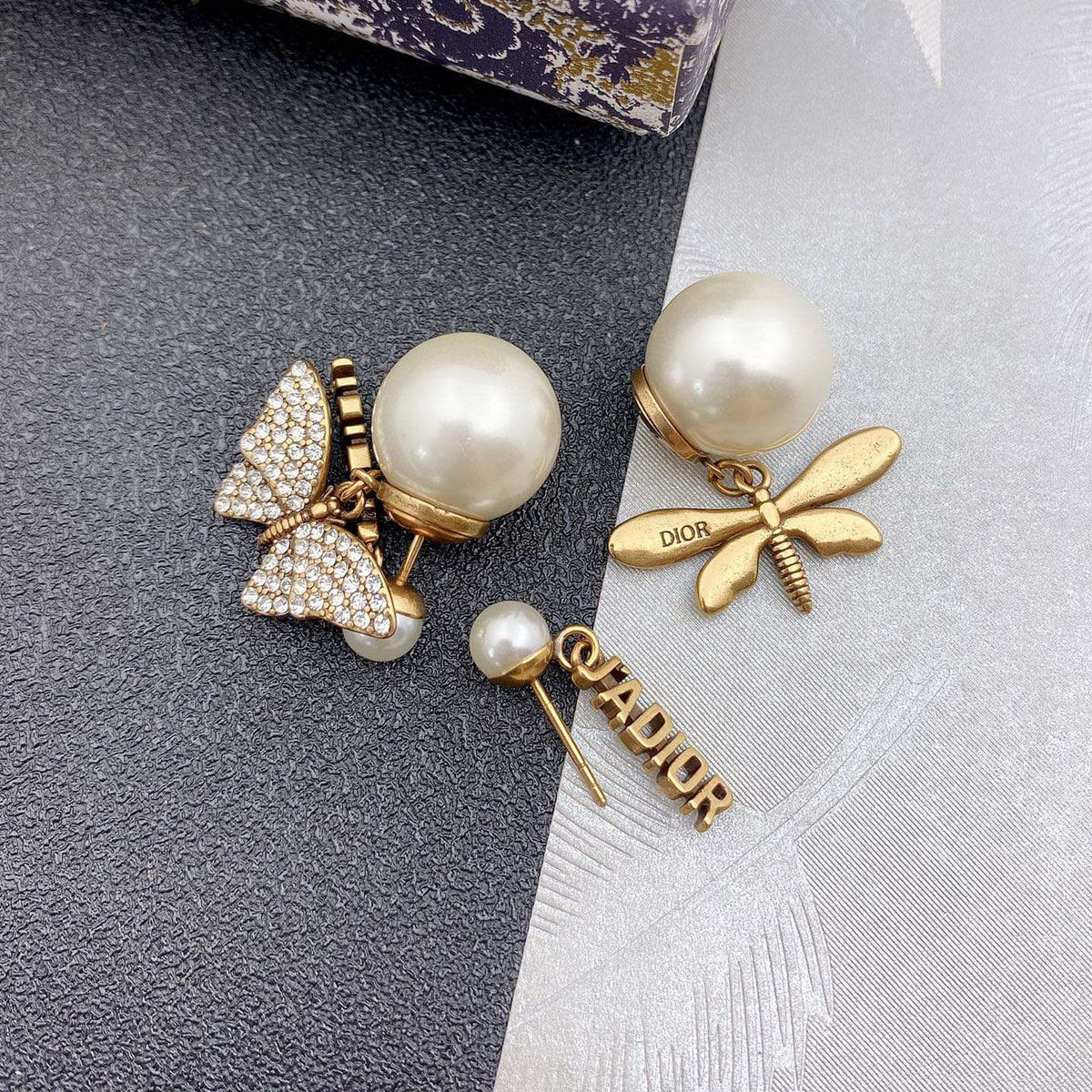 18K CD Dragonfly/ Butterfly Pearl Earrings