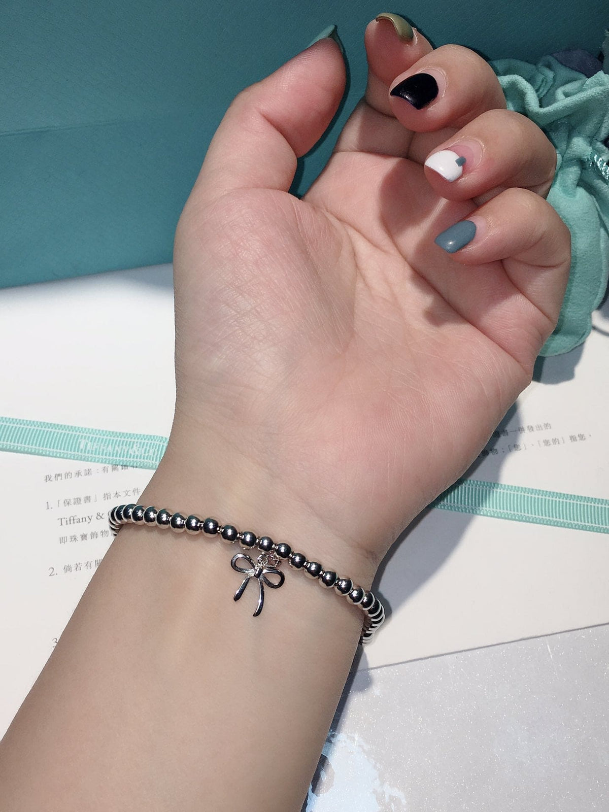 18K T Bow Charm Bead Bracelet
