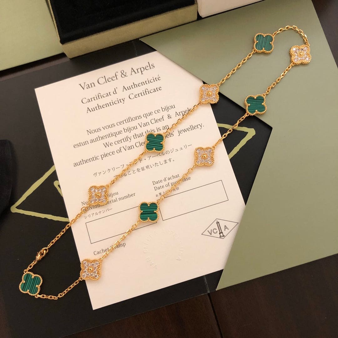 18K Vintage Alhambra Malachite Diamonds 10 Motifs Necklace