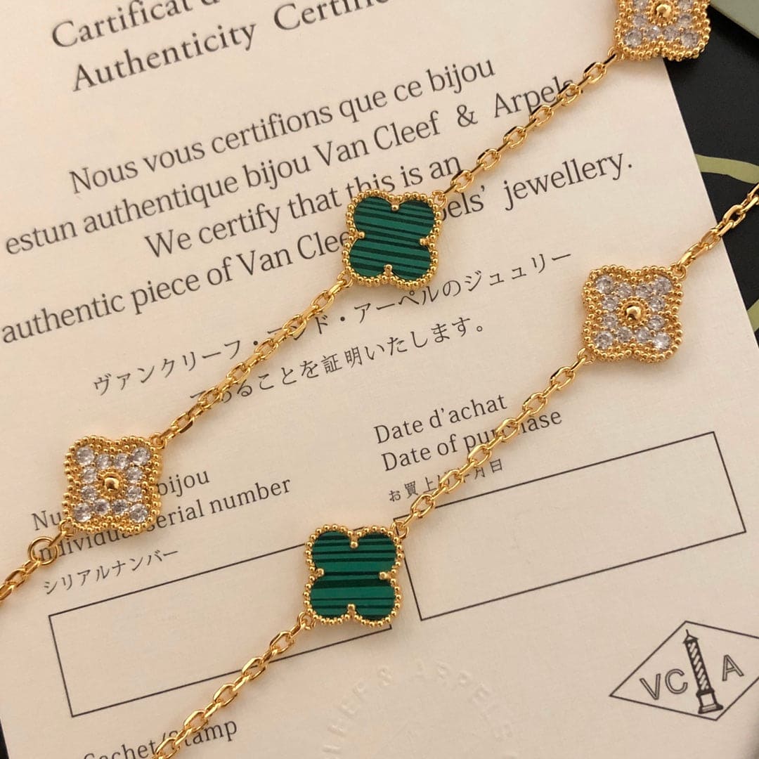 18K Vintage Alhambra Malachite Diamonds 10 Motifs Necklace