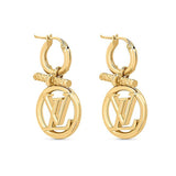A pair of gold hoop earrings with a textured bar and a circular LV logo dangle, featuring the interlocking Louis Vuitton monogram.
