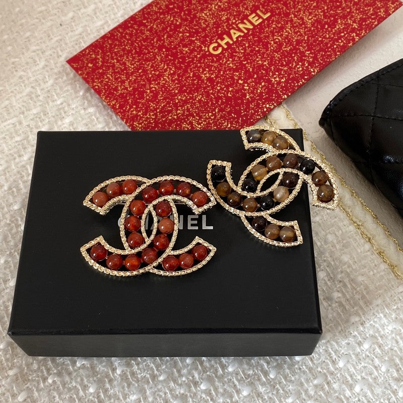 18K CC Red & Brown Pearl Gold Brooch