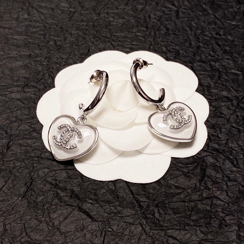 18K CC White Heart Earrings