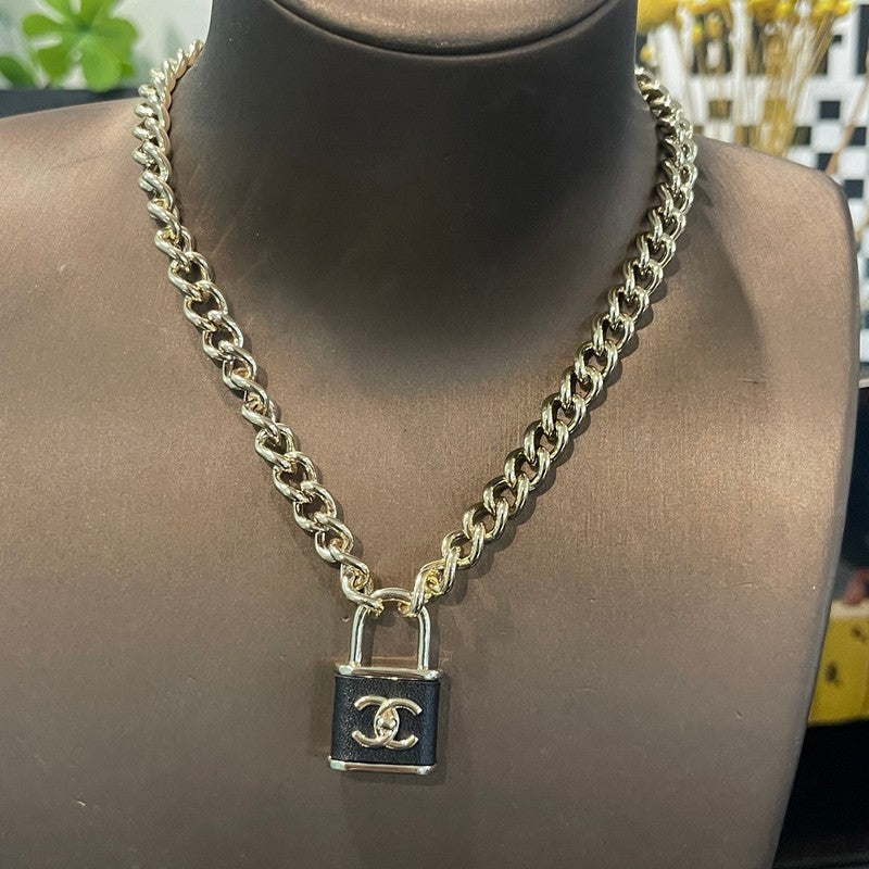 18K CC Black Leather Gold Lock Necklace