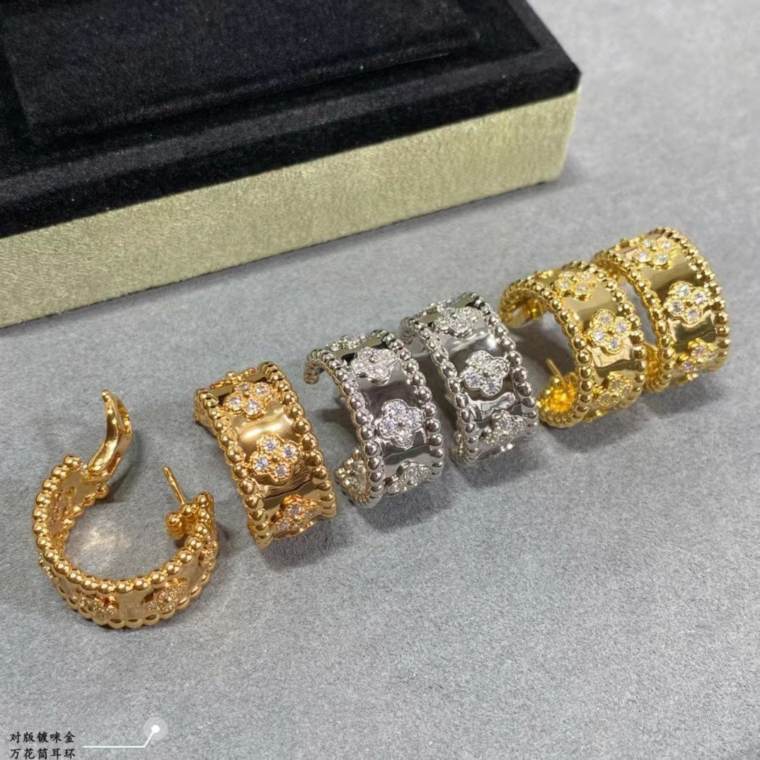 18K White Gold Perlée Clovers Hoop Earrings