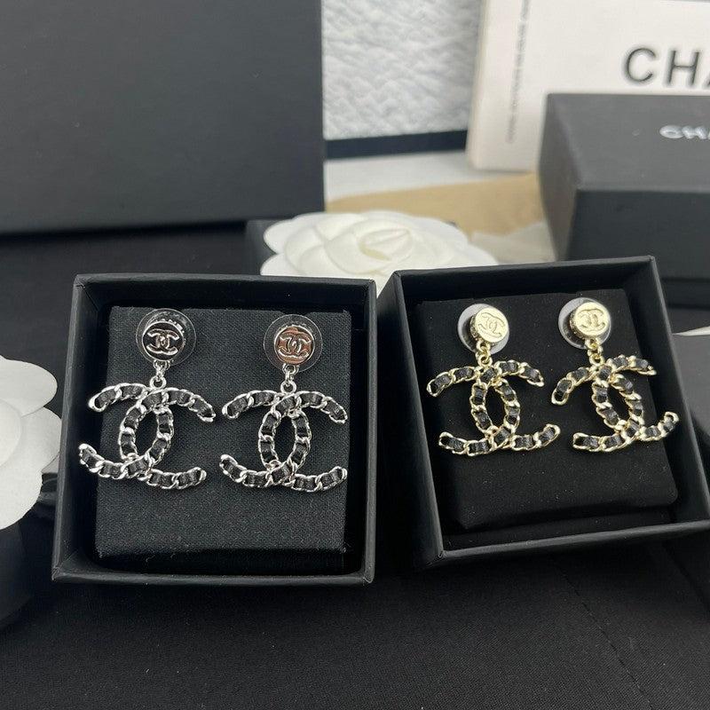 18K CC Leather Gold Earrings