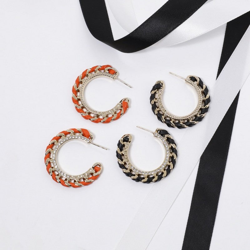 18K CC Black & Red Leather Earrings