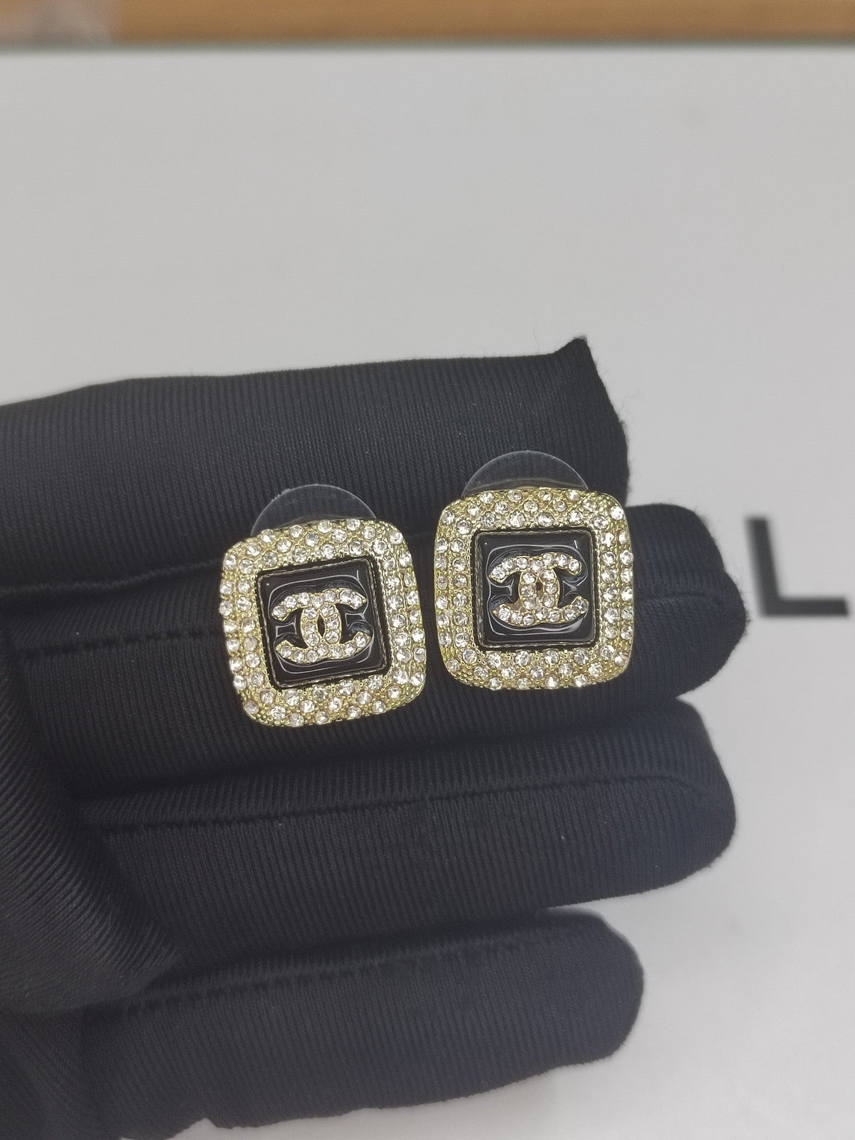18K CC Diamond Square Black Earrings