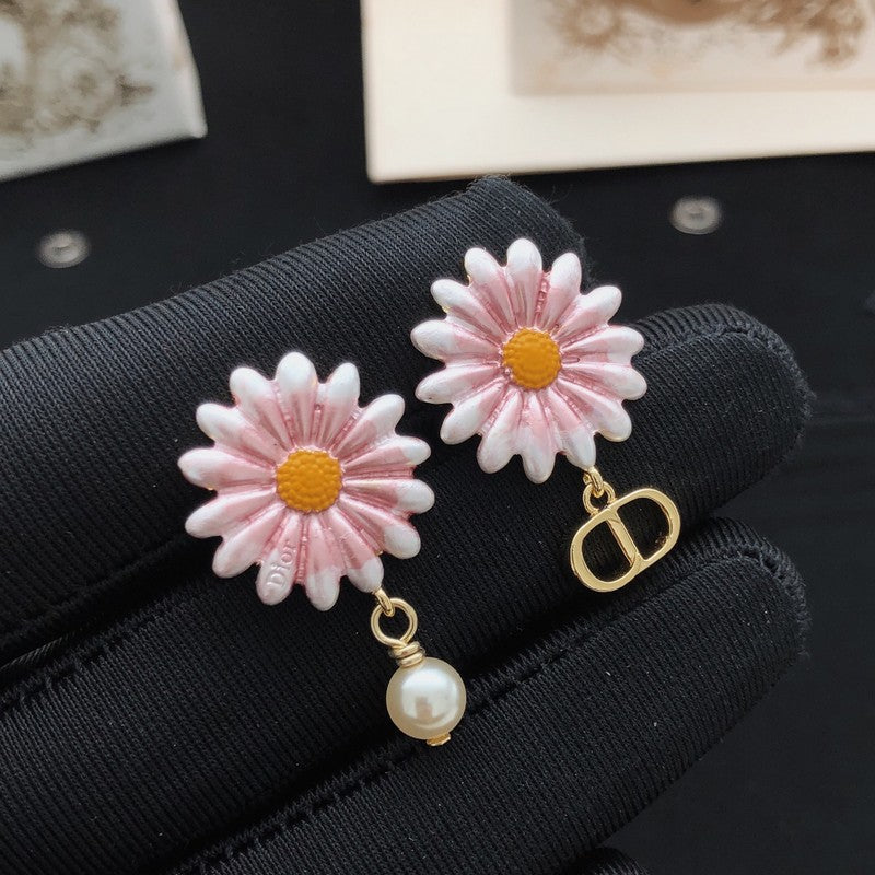 18K CD Pink Sun Flower Pearl Earrings