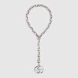 A silver-tone chain necklace featuring a large top loop and a dangling chain with a polished interlocking GG logo pendant, shown on a light gray background.