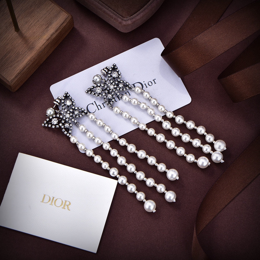 18K CD Pearls Tassel Long Earrings