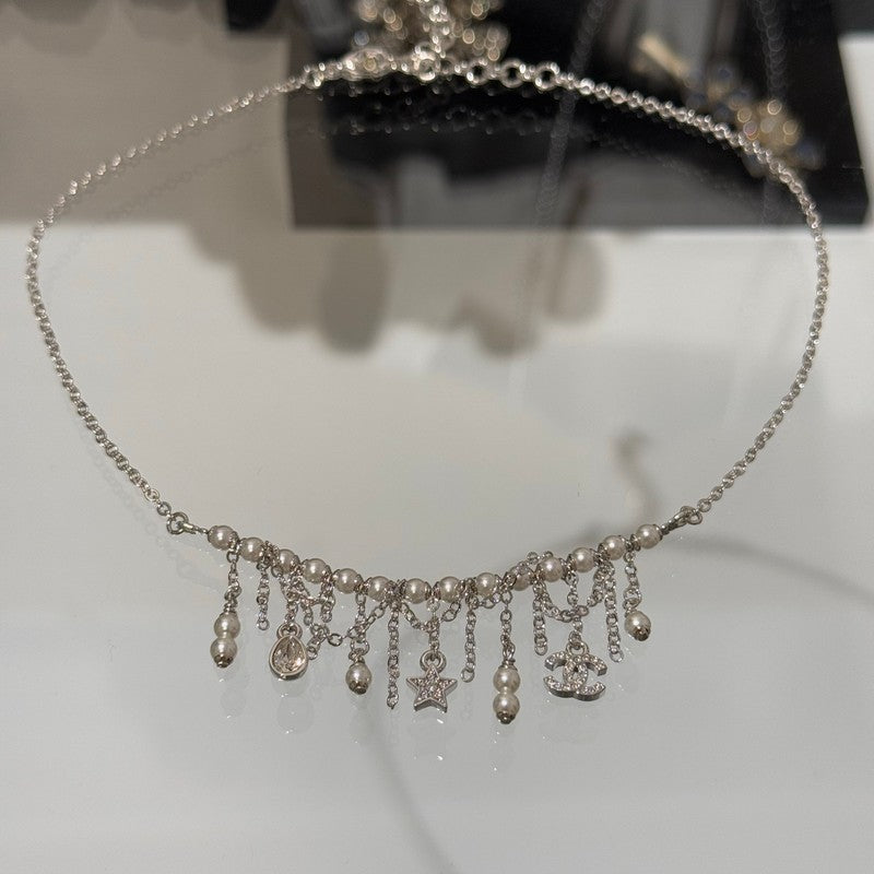 18K CC 26C Pearl Diamond Tassel Choker Necklace