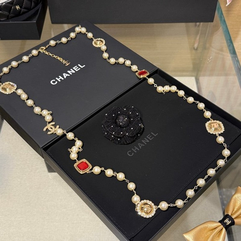 18K CC Long Pearl Red Crystals Necklace