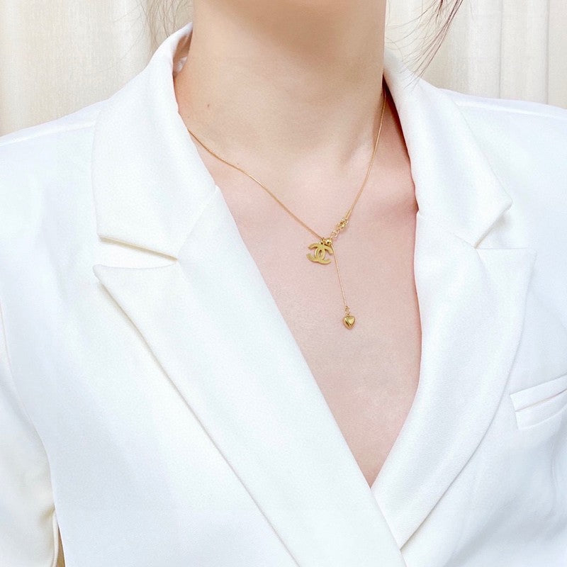 18K CC Heart Pendant Gold Necklace
