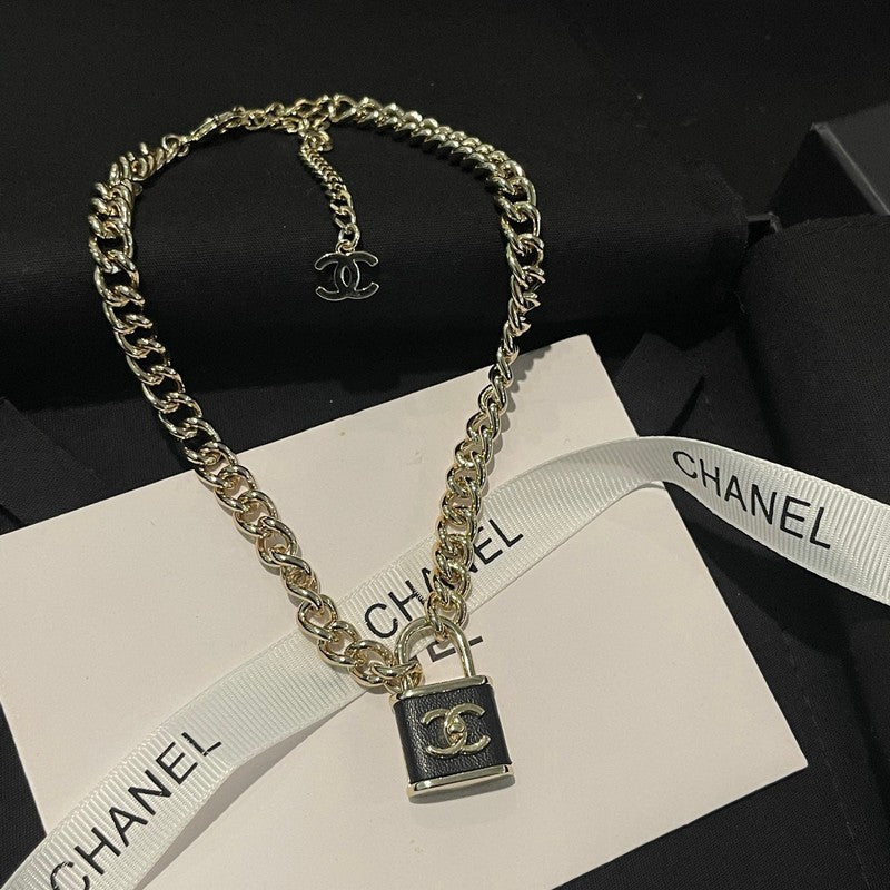 18K CC Black Leather Gold Lock Necklace