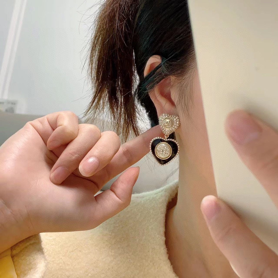 18K CC Black Heart Earrings