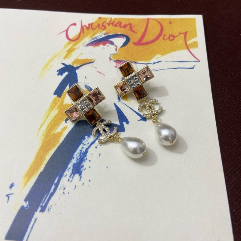 18K CC Red Cross Pearl Pendant Earrings
