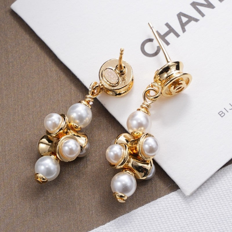 18K CC Pearl Drop Gold Earrings