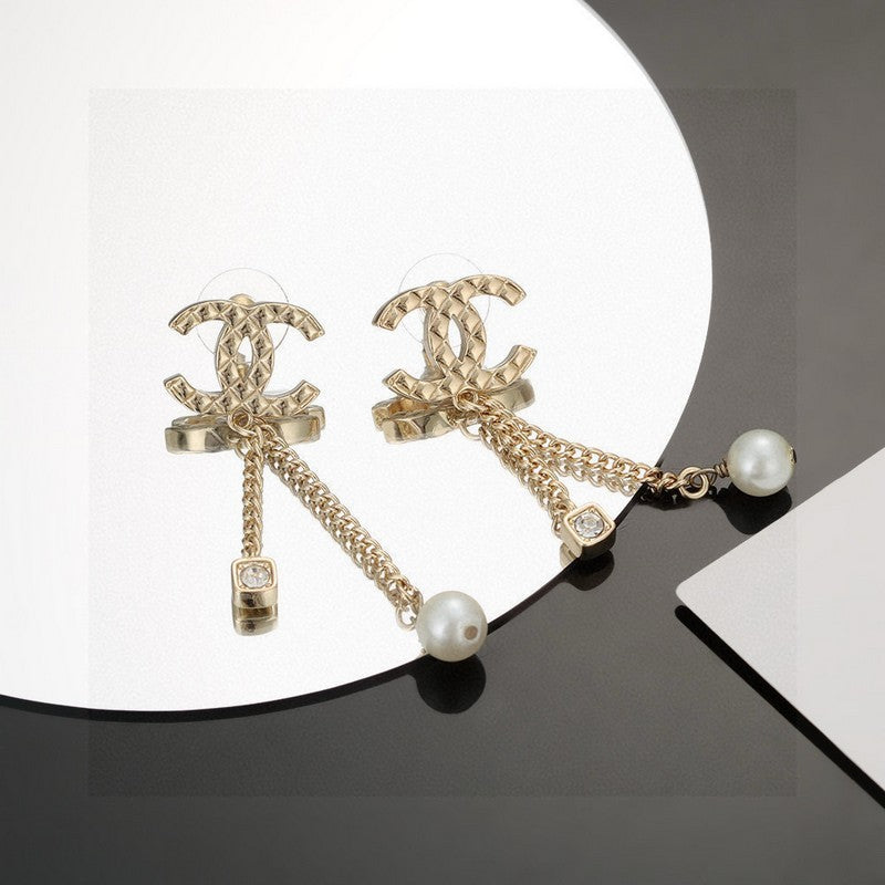 18K CC Long Pearl Pendant Earrings