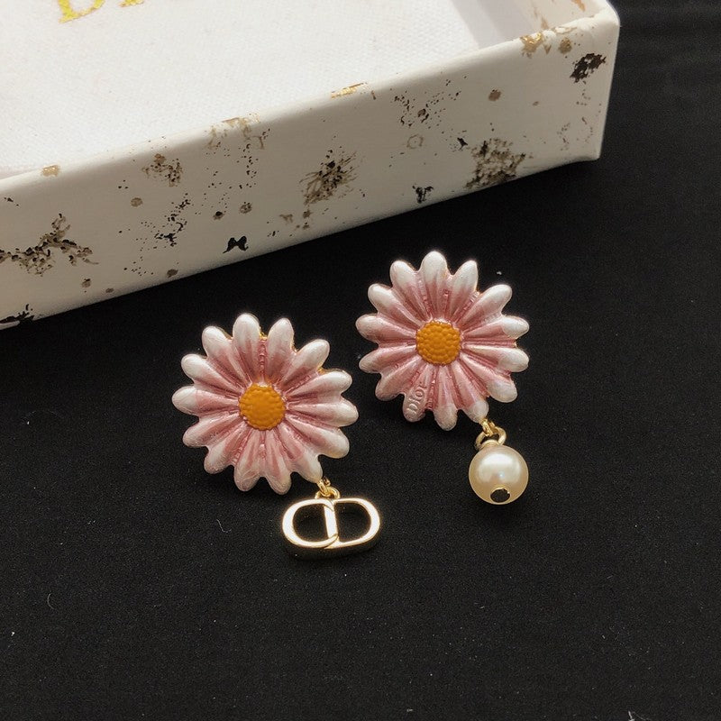18K CD Pink Sun Flower Pearl Earrings