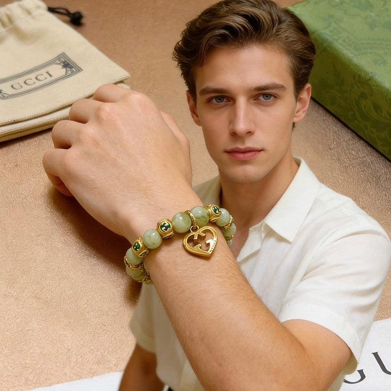 18K GG Anger Forest Green Bead Gold Chain Bracelet