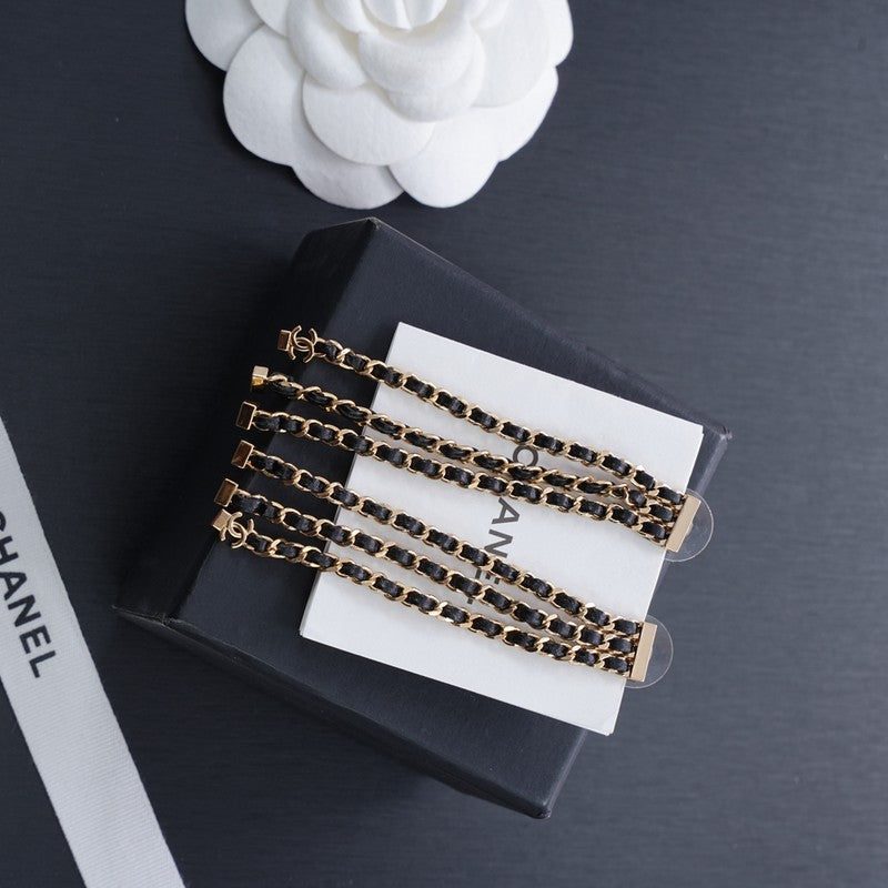 18K CC Black Leather Chain Gold Earrings