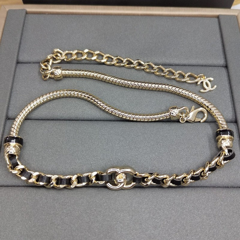 18K CC Black Leather Gold Chain Necklace