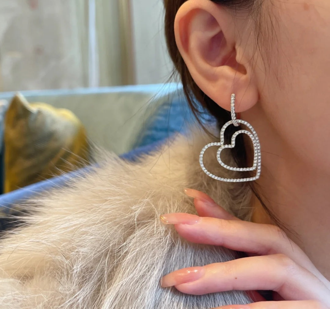 18K T Double Heart Diamond Earrings