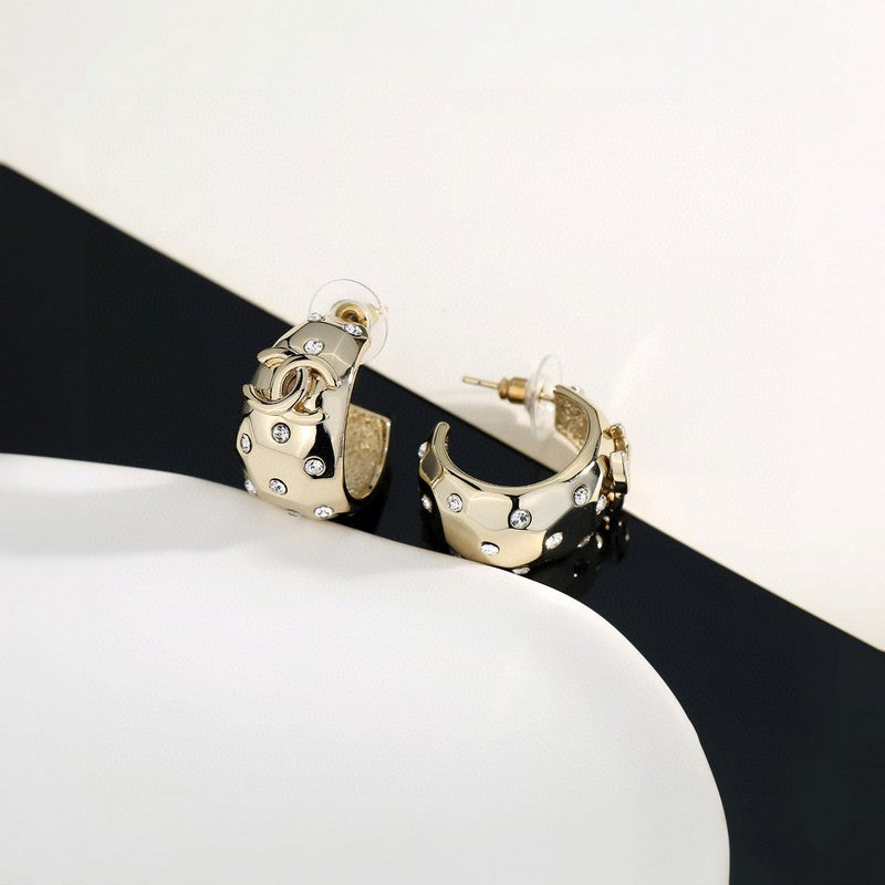 18K CC Half Circle Diamond Gold Earrings