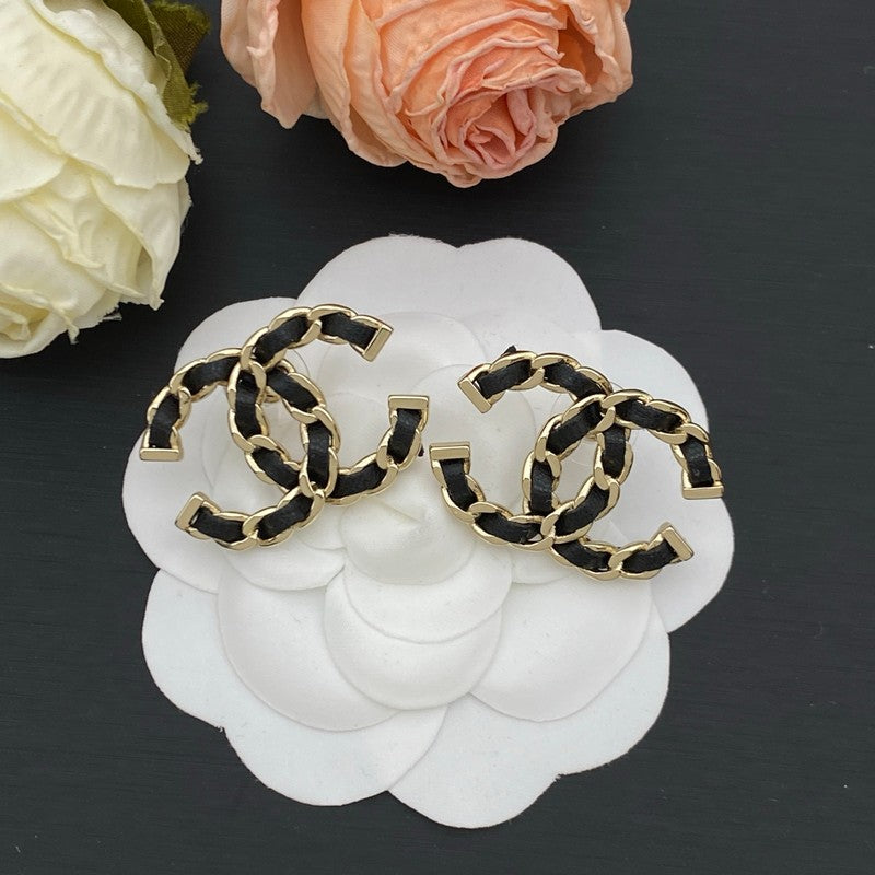 18K CC Black Leather Gold Earrings