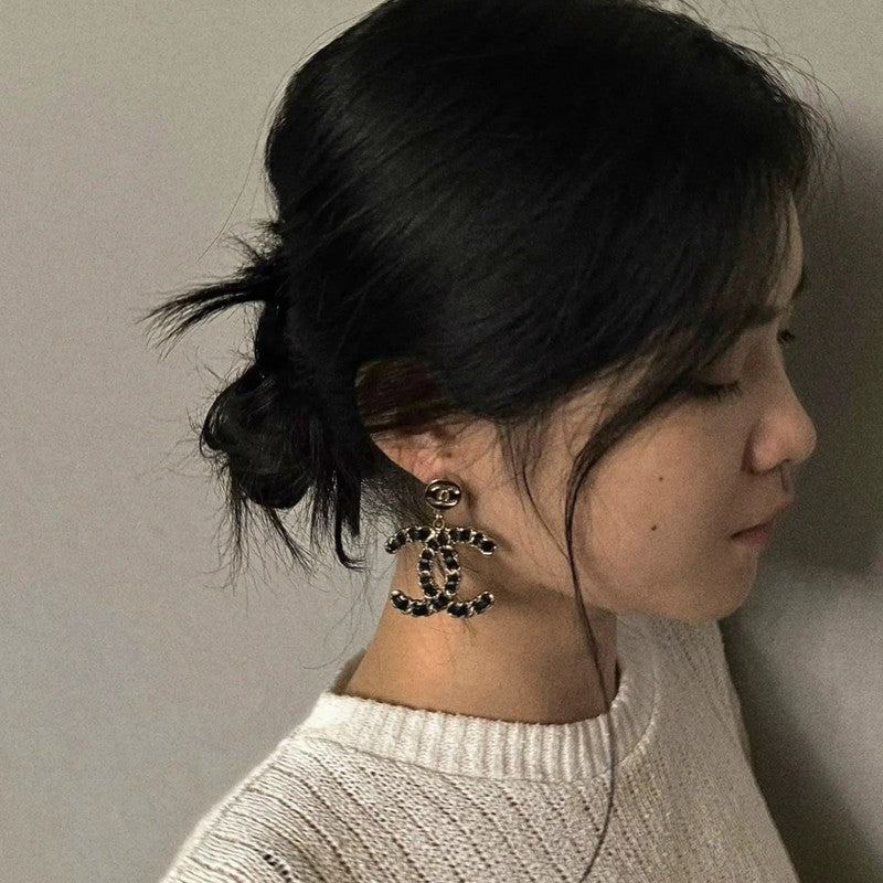 18K CC Leather Gold Earrings