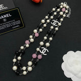 18K CC Black & Pink Bead Long Necklace