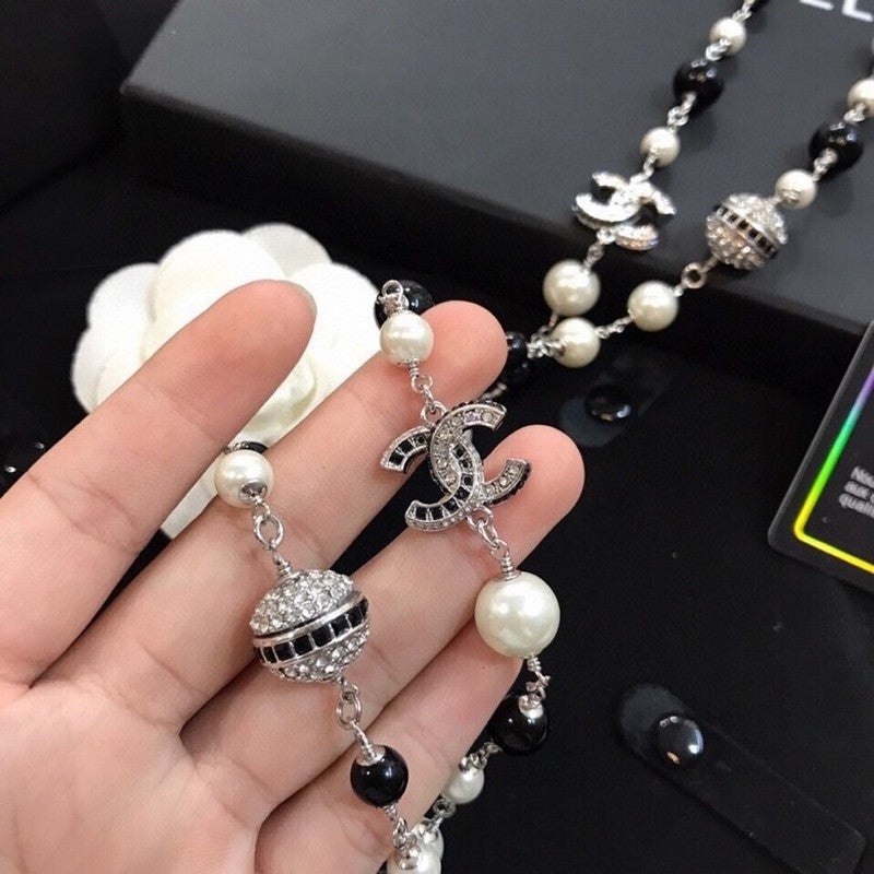 18K CC Long Black Pearl Necklace