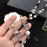 18K CC Long Black Pearl Necklace
