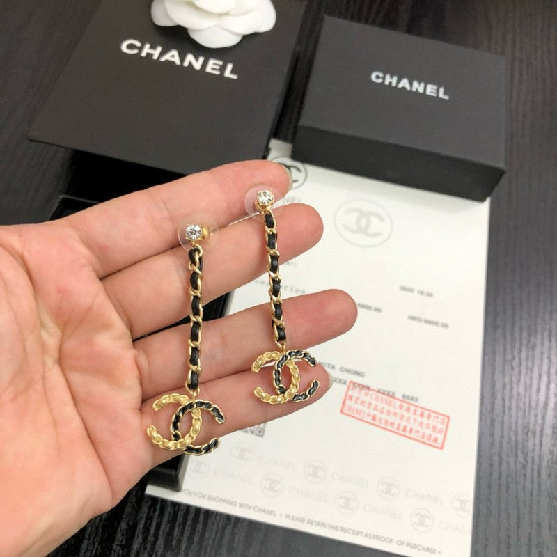 18K CC Leather Gold Long Earrings