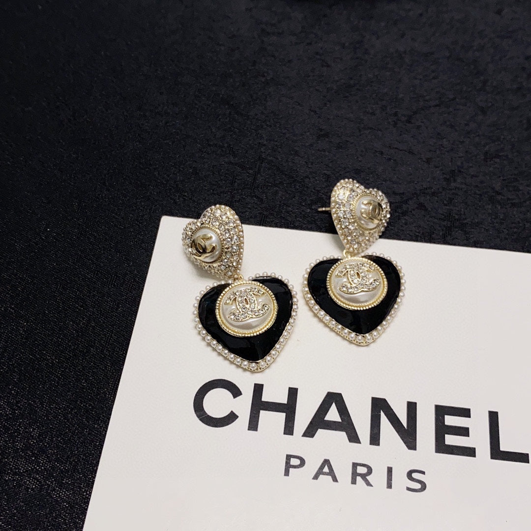 18K CC Black Heart Earrings