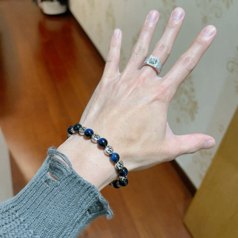 18K GG Anger Forest Blue Tiger's Eye Bead Chain Bracelet