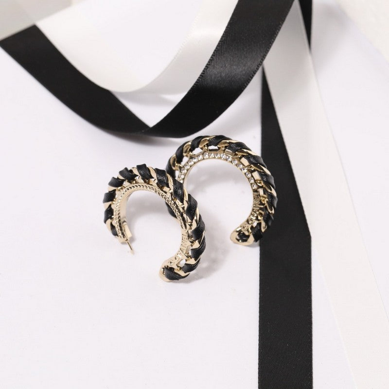 18K CC Black & Red Leather Earrings