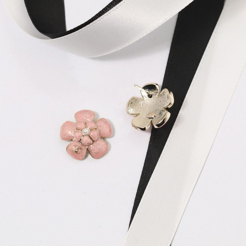 18K CC Black & Pink Flower Earrings