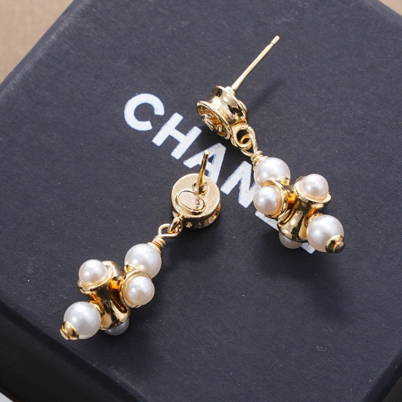 18K CC Pearl Drop Gold Earrings