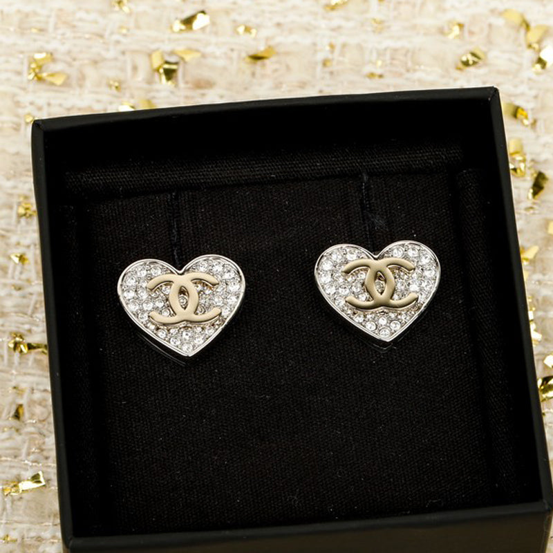18K CC Diamond Heart Gold Earrings