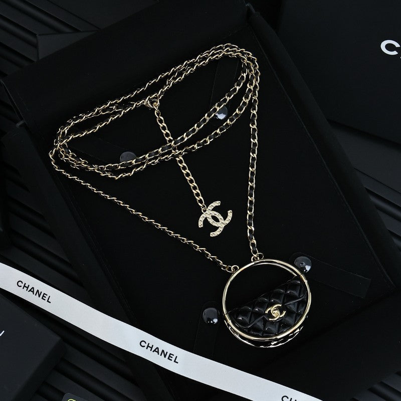 18K CC Black Bag Long Leather Necklace