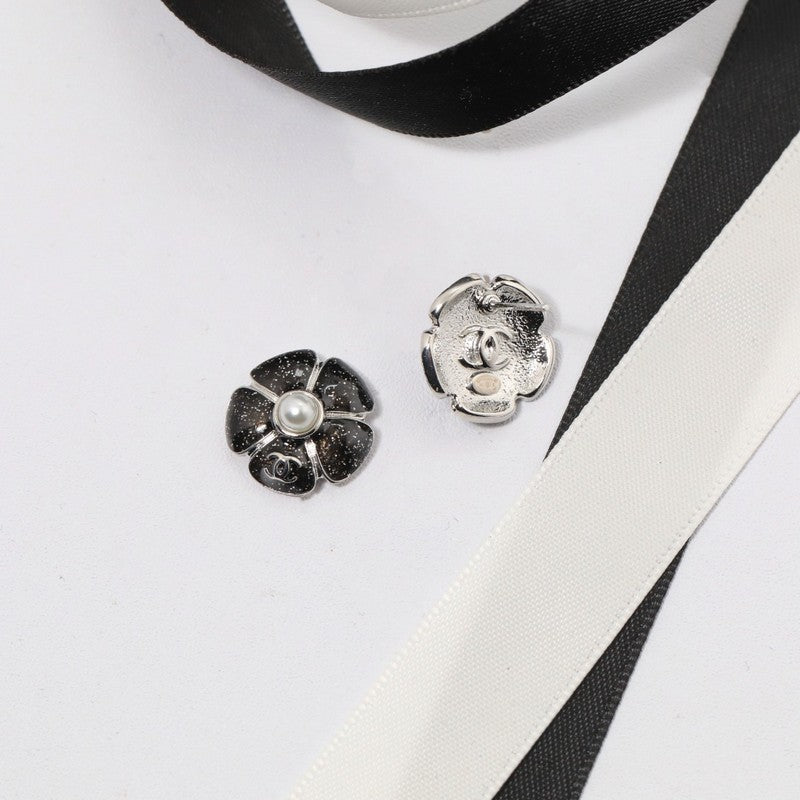 18K CC Black & Pink Camellia Earrings