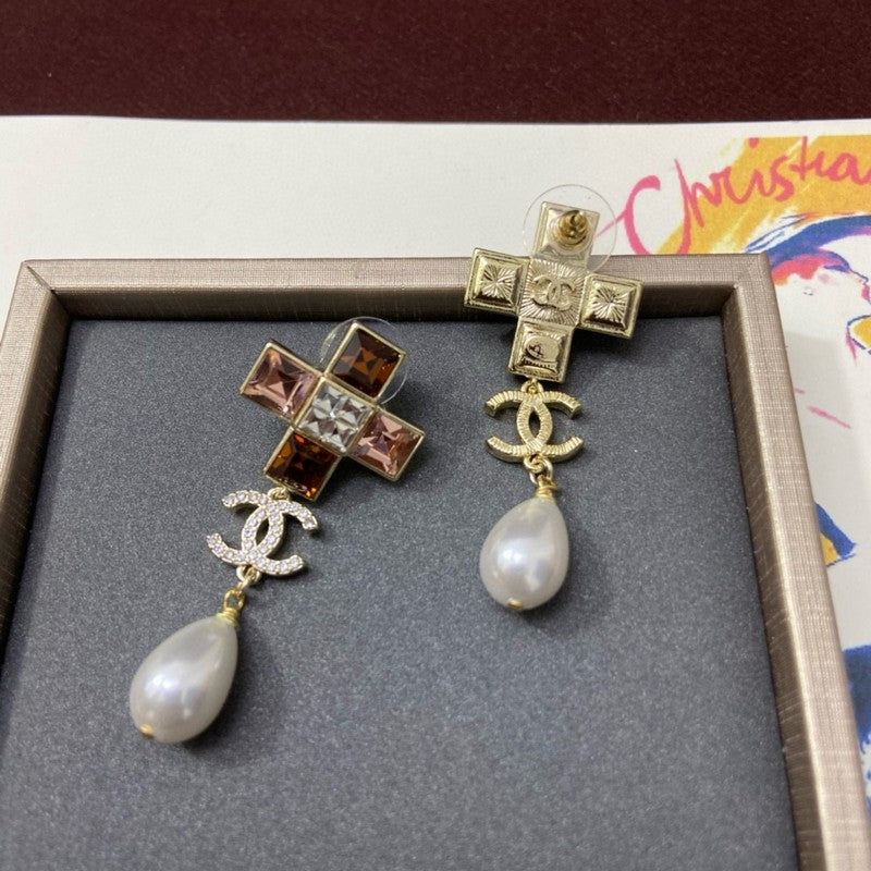 18K CC Red Cross Pearl Pendant Earrings