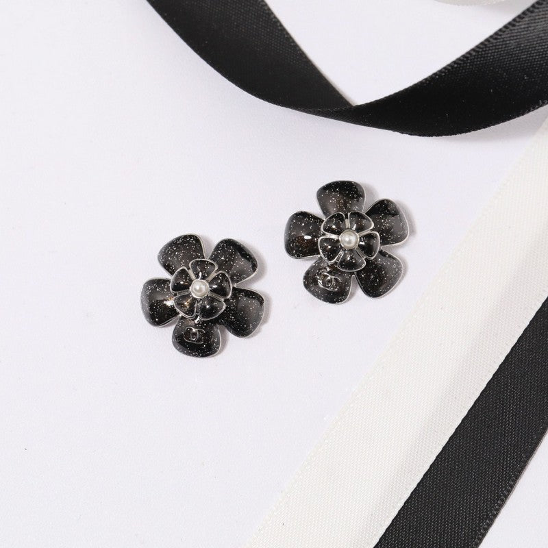 18K CC Black & Pink Flower Earrings