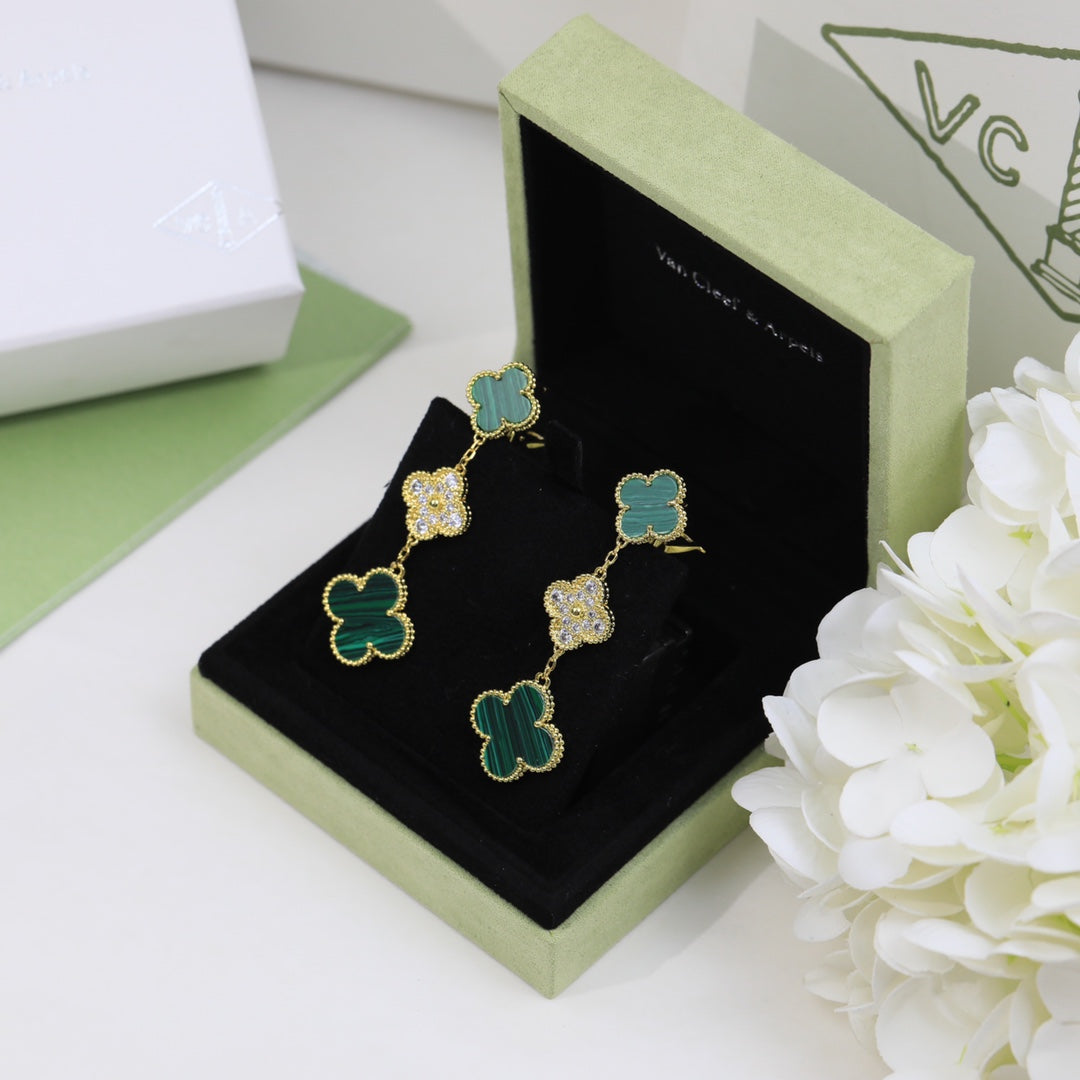 18K Magic Alhambra Three Malachite Motifs Clover Earrings