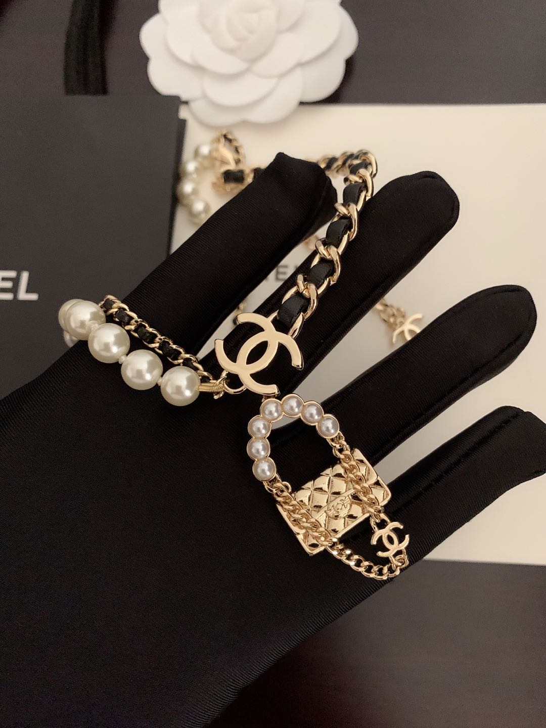 18K CC Pearl Leather Bag Pendant Necklace