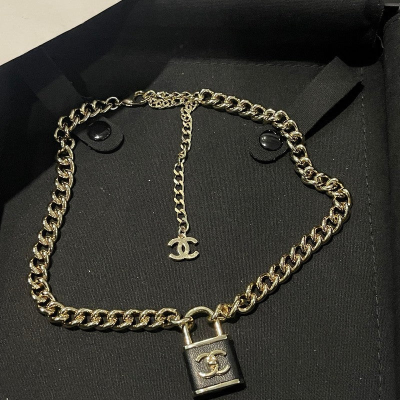 18K CC Black Leather Gold Lock Necklace